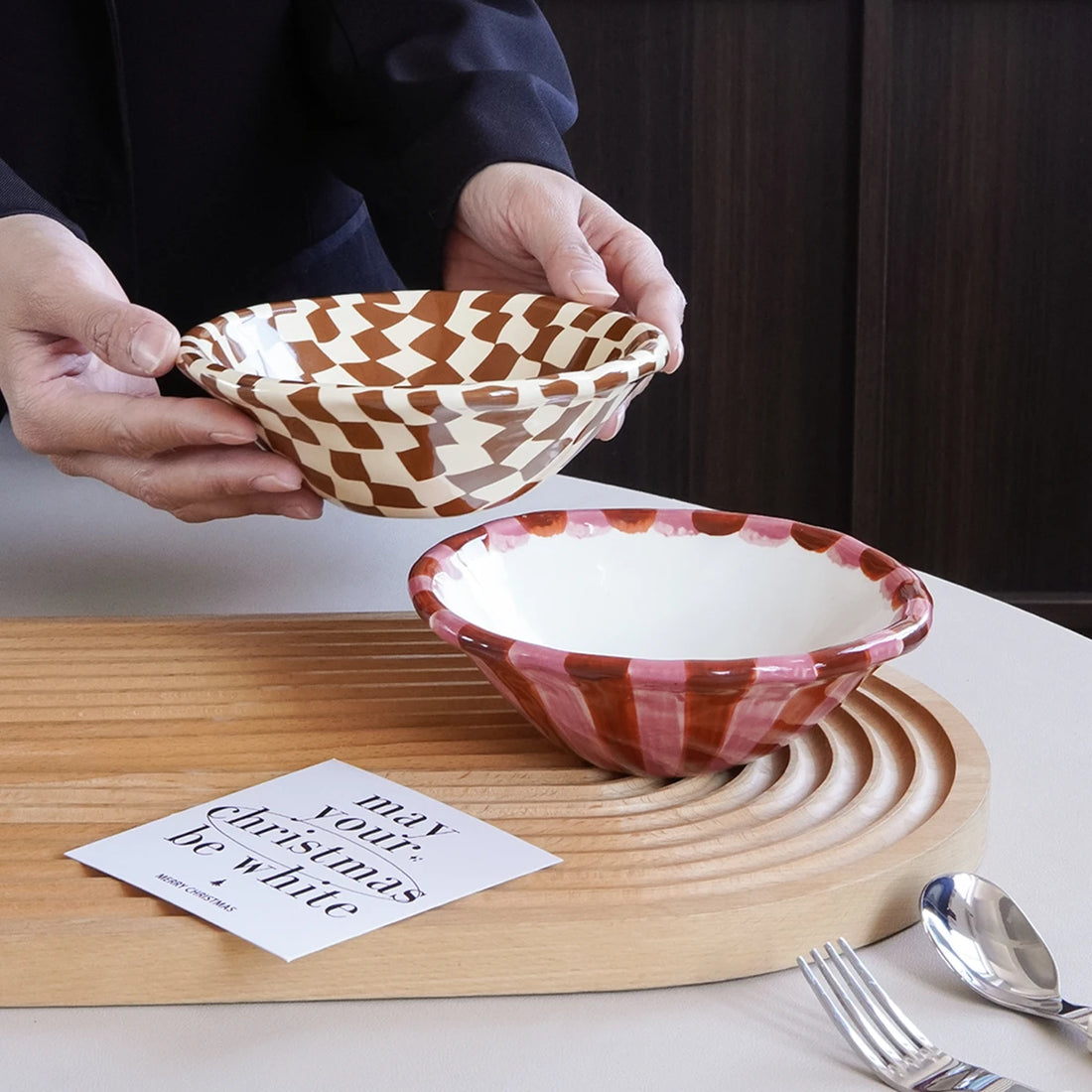 Rose Striped Checkerboard Ceramic Dessert Bowl – Aesthetic Hand-Painted Design