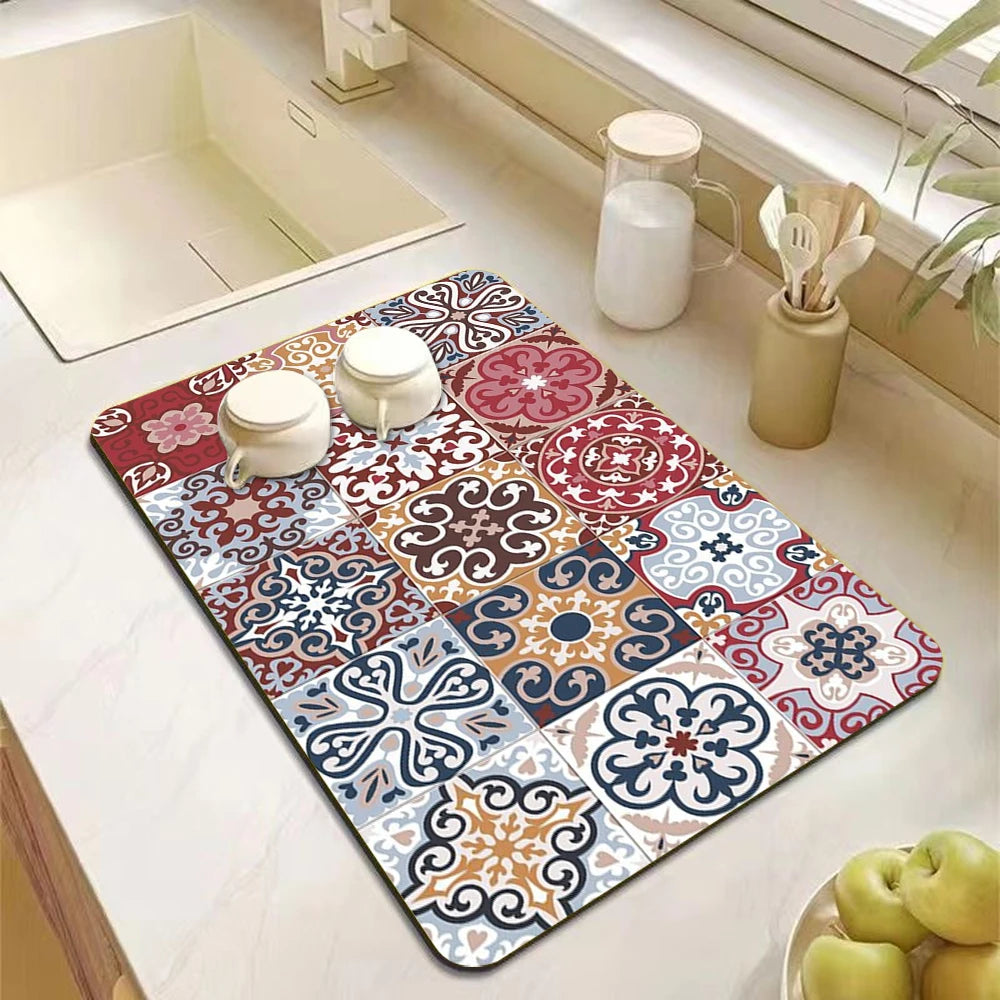 Mandala Print Diatomite Kitchen Drain Mat – Anti-Slip, Absorbent Countertop Pad