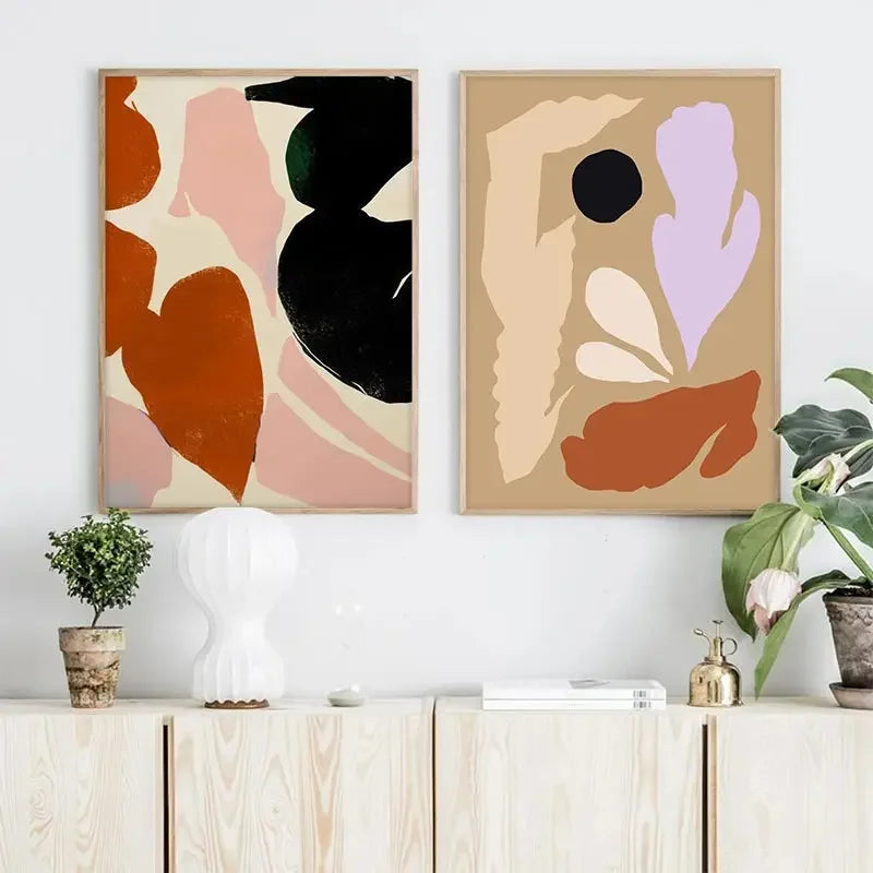 Nordic Beige & Black Geometric Floral Line Art Canvas Print