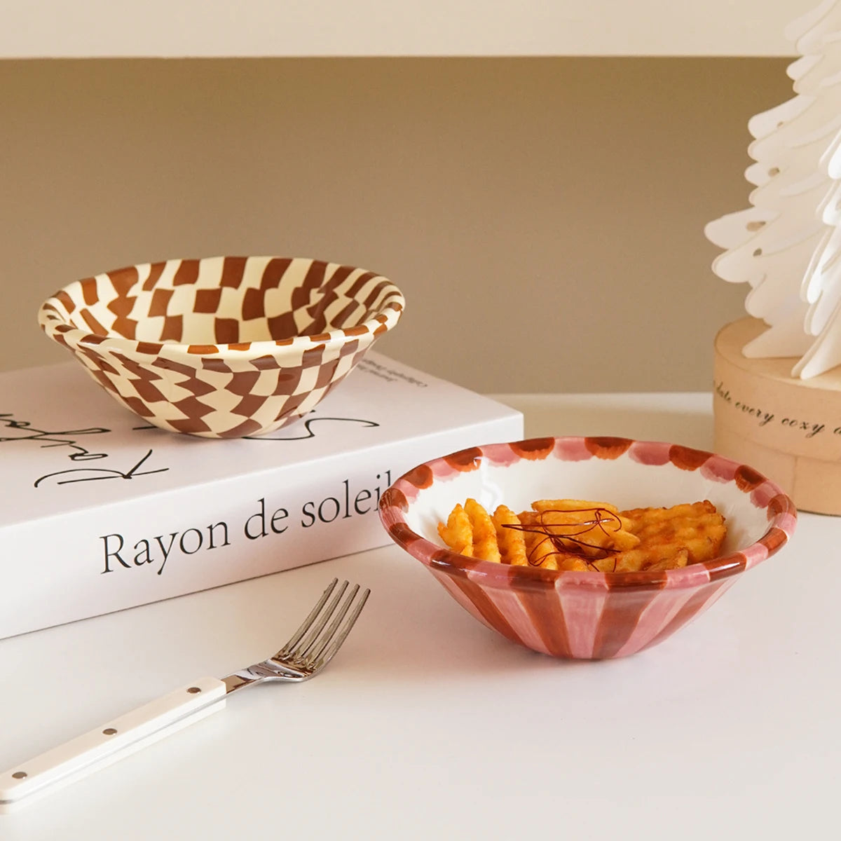 Rose Striped Checkerboard Ceramic Dessert Bowl – Aesthetic Hand-Painted Design