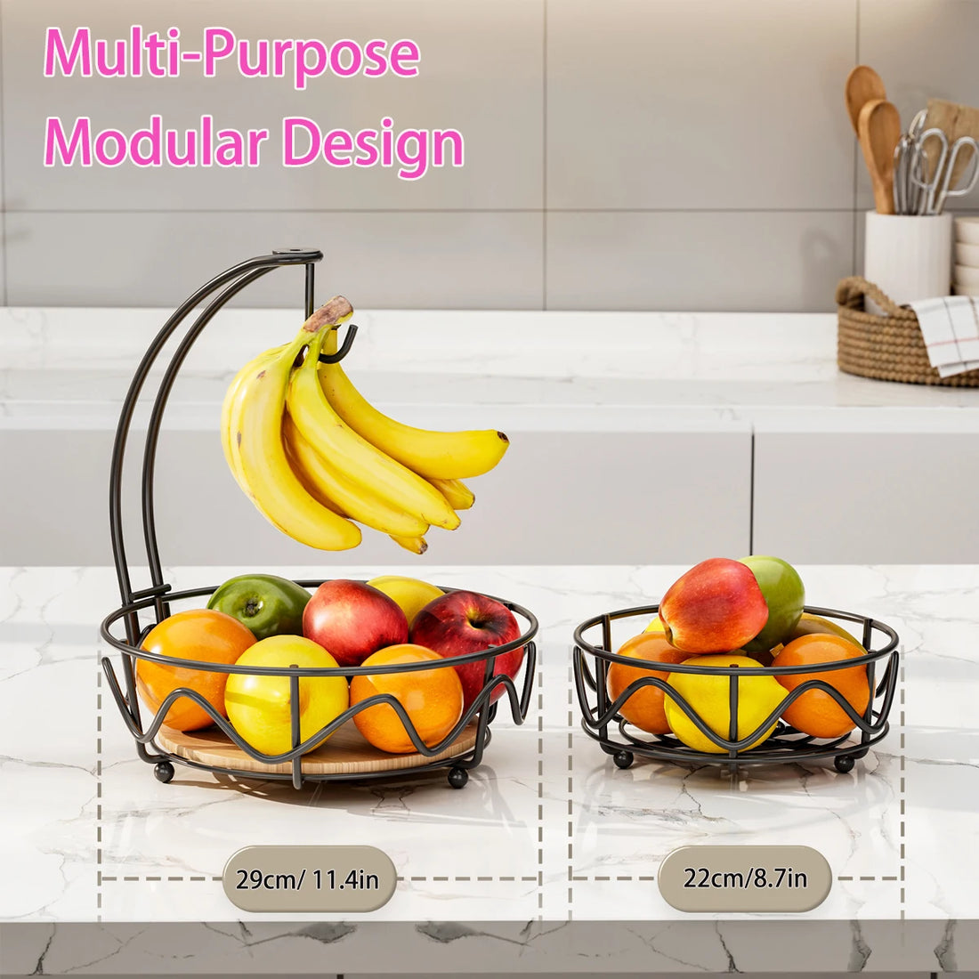 2-Tier Metal Fruit Basket with Banana Hanger & Wooden Base – Countertop Organiser