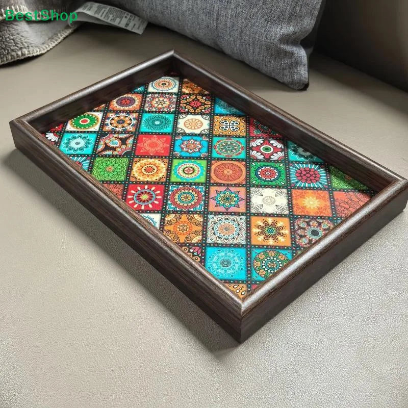 Bohemian Mandala Bamboo Serving Tray – Square Decorative Storage Tray, 30x20cm