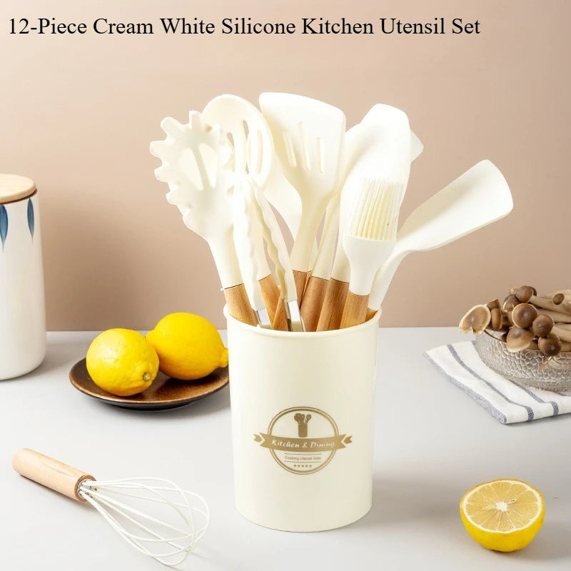 White Silicone & Wooden Handle Kitchen Utensils Set – 2 or 12 Pcs