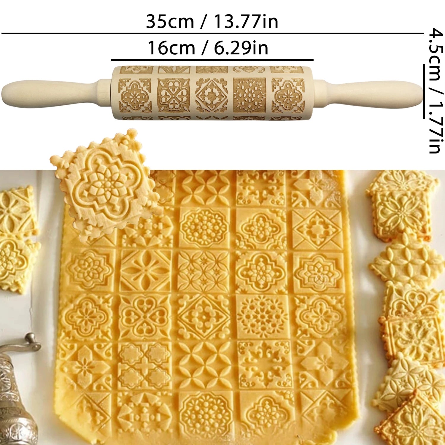 Wooden Rolling Pin for Christmas, 3D DIY Engraved Embossing Rolling Pins with Xmas Reindeer Flower Pattern, for Baking Cookies