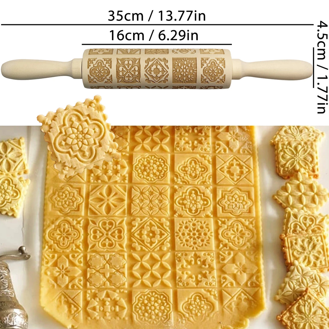 Wooden Rolling Pin for Christmas, 3D DIY Engraved Embossing Rolling Pins with Xmas Reindeer Flower Pattern, for Baking Cookies