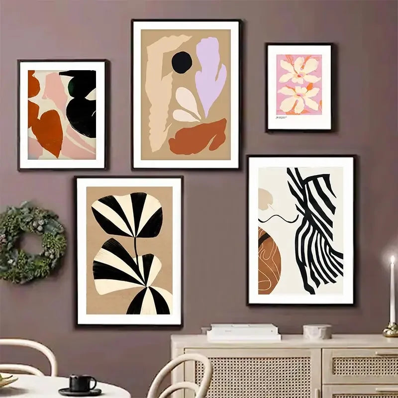 Nordic Beige & Black Geometric Floral Line Art Canvas Print