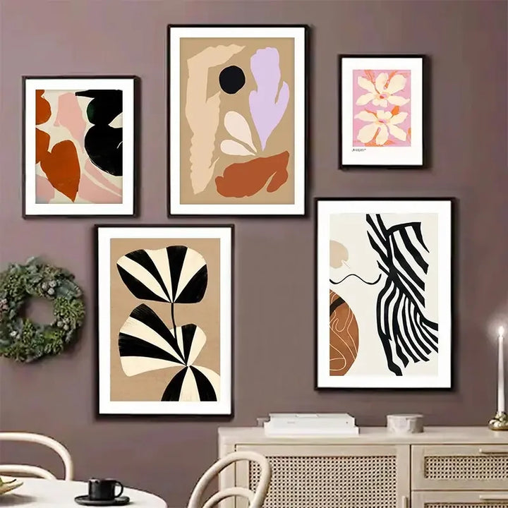Nordic Beige & Black Geometric Floral Line Art Canvas Print