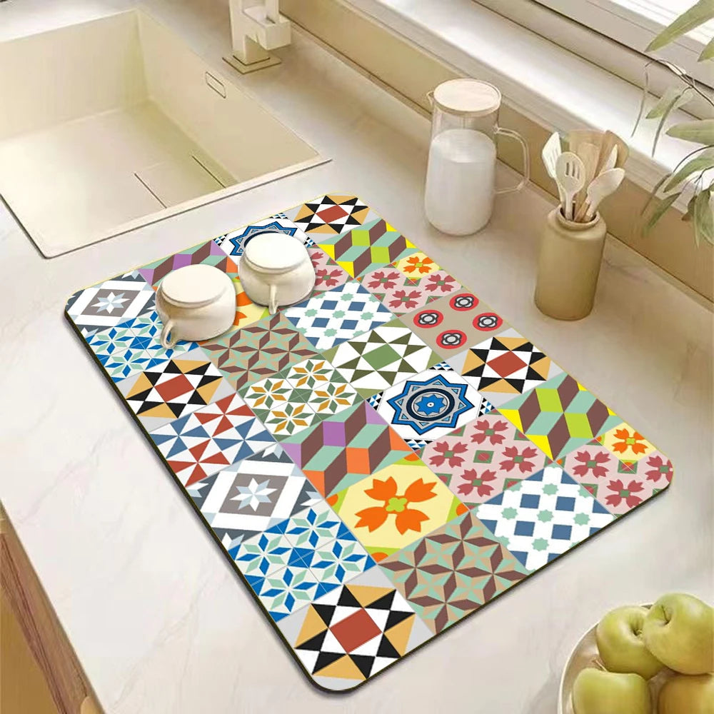 Mandala Print Diatomite Kitchen Drain Mat – Anti-Slip, Absorbent Countertop Pad