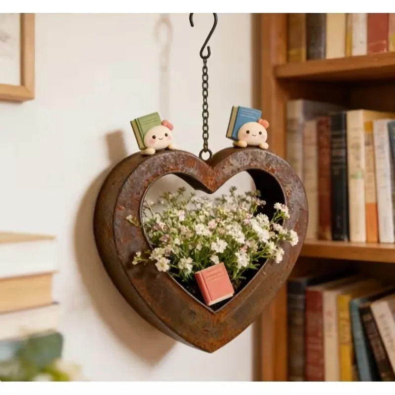 1pc vintage rusted heart hanging planter creative ironwork heart-shaped hollowed-out flower basket