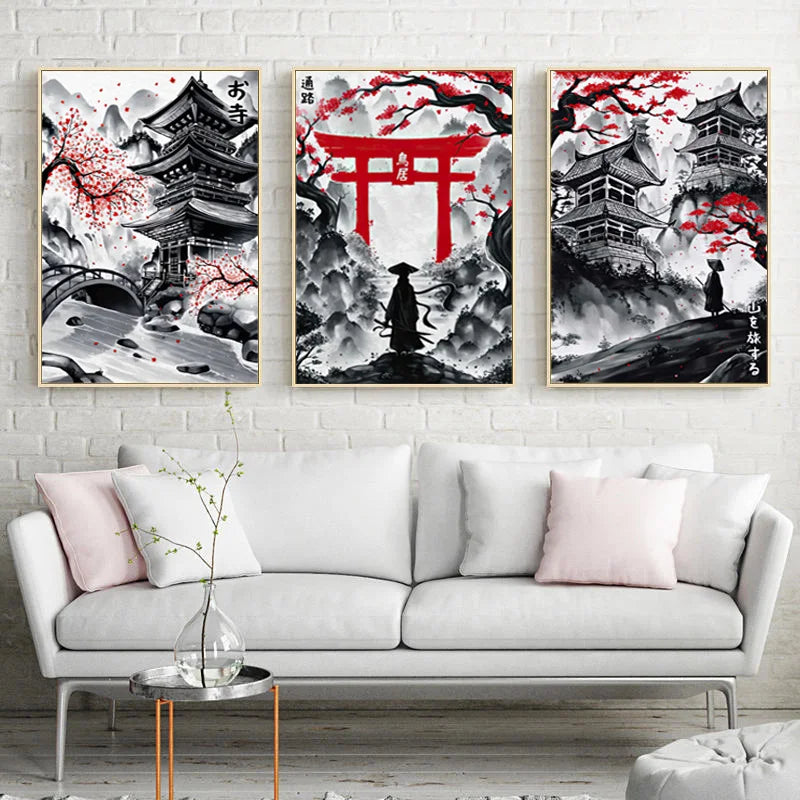 Japanese Landscape Canvas Prints – Black & Red Ink Art
