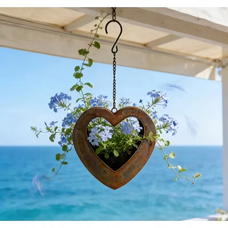 1pc vintage rusted heart hanging planter creative ironwork heart-shaped hollowed-out flower basket