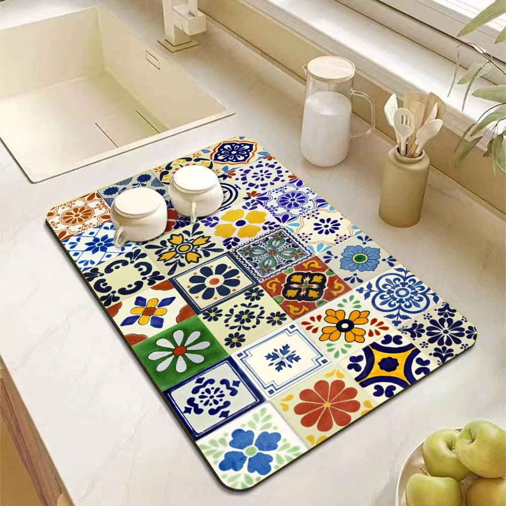 Mandala Print Diatomite Kitchen Drain Mat – Anti-Slip, Absorbent Countertop Pad