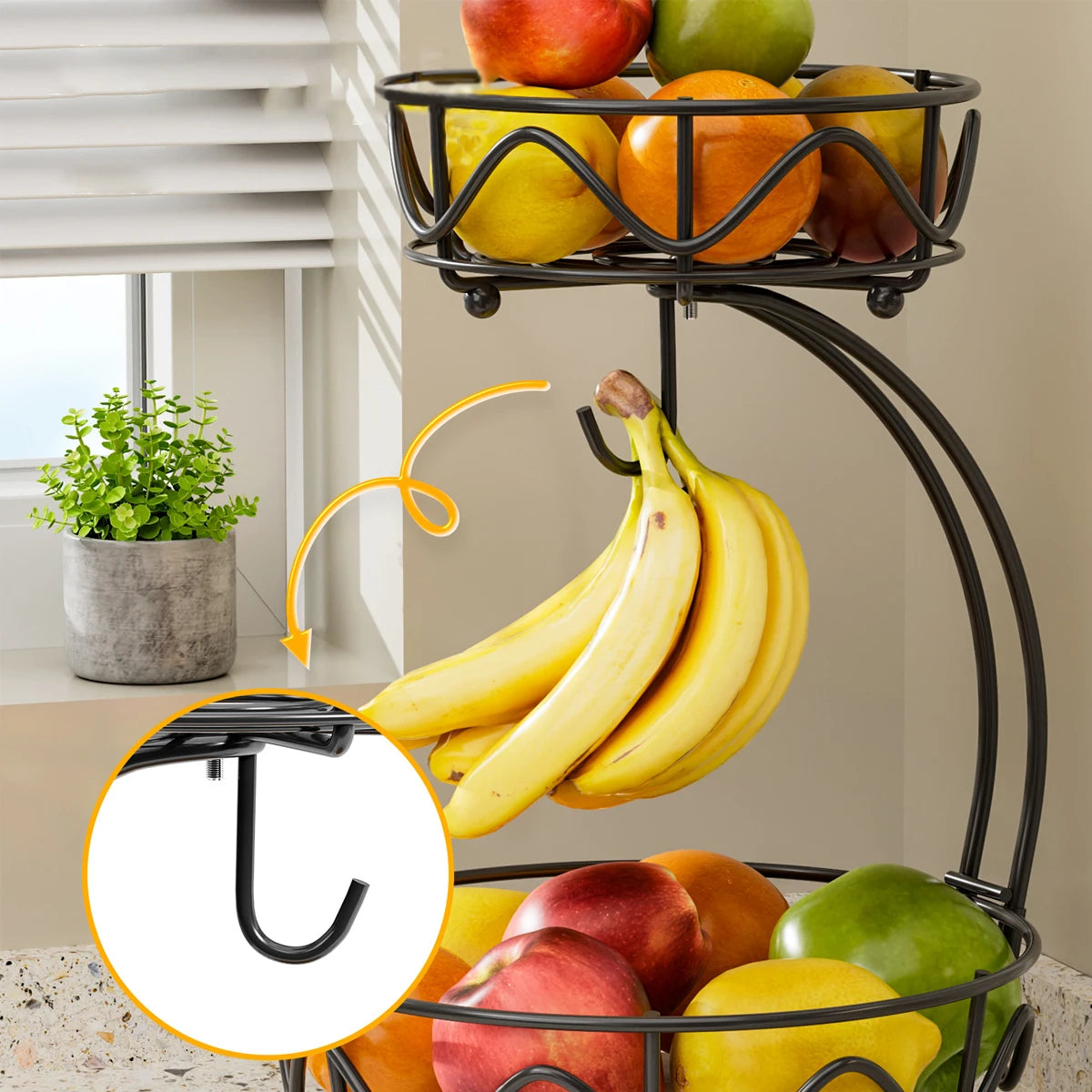 2-Tier Metal Fruit Basket with Banana Hanger & Wooden Base – Countertop Organiser