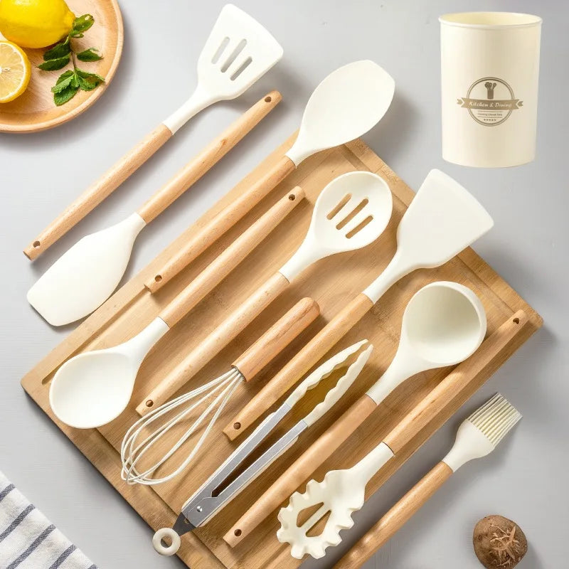 White Silicone & Wooden Handle Kitchen Utensils Set – 2 or 12 Pcs
