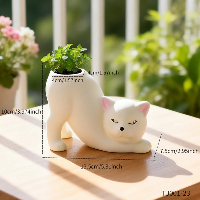 Curly Pose Cat Resin Planter – Cute Desktop Pot for Cacti & Trailing Plants