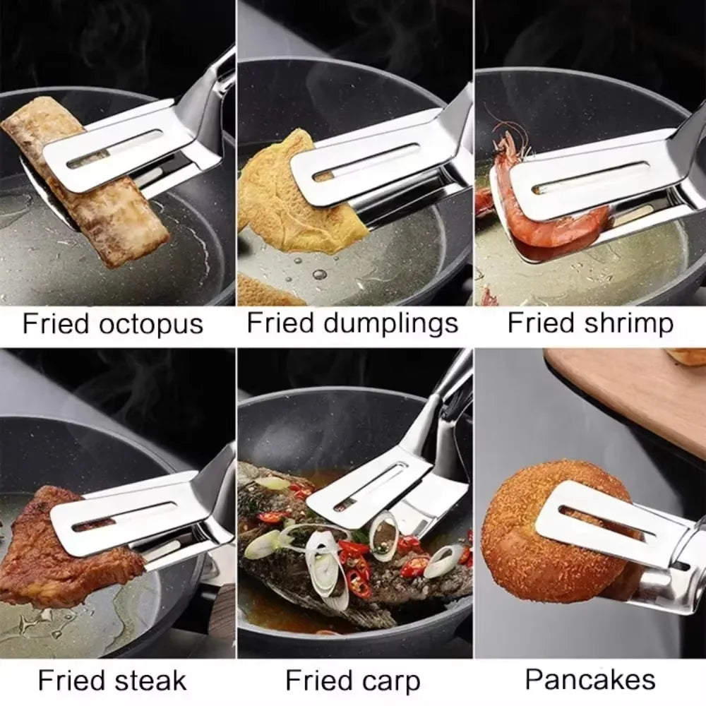 Stainless Steel Double-Sided Cooking Tongs – Spatula Clip for Steak, Fish & Pizza