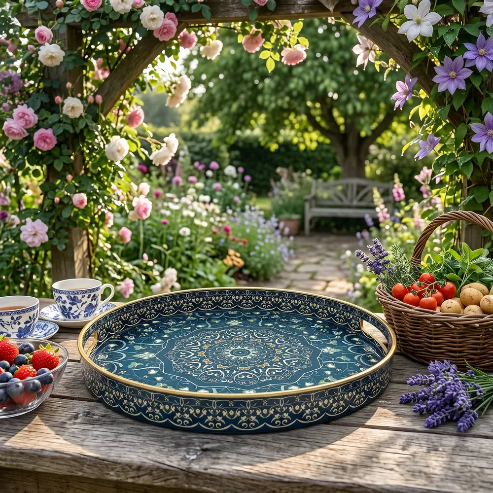 Bohemian Round Plastic Serving Tray with Handles – Blue & White Pattern, 33 or 38cm
