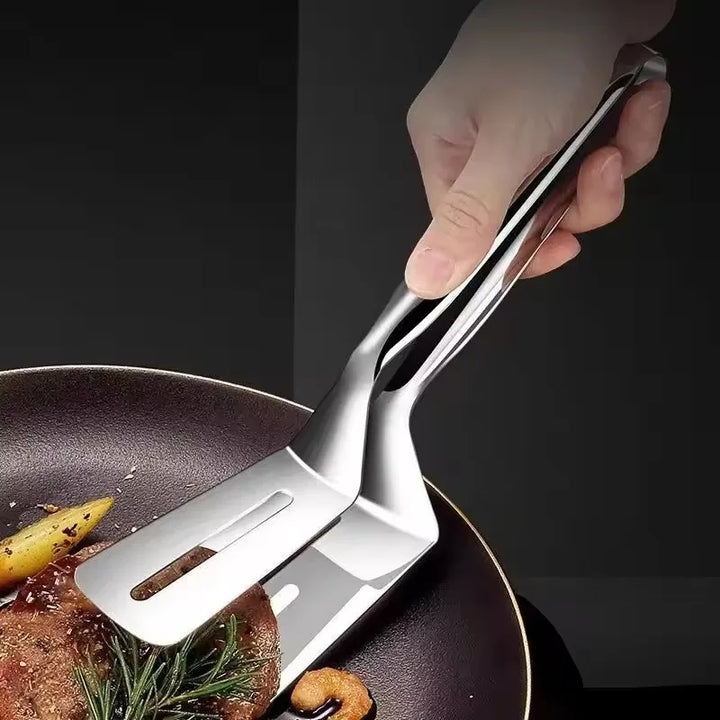 Stainless Steel Double-Sided Cooking Tongs – Spatula Clip for Steak, Fish & Pizza