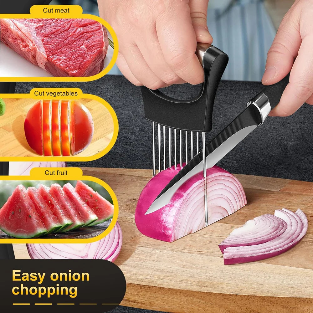 Stainless Steel Onion Cutter Holder Food Slicers Assistant Tomato Onion Slicer Holder Vegetables Cutting Fork Kitchen Gadgets