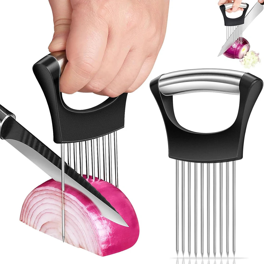 Stainless Steel Onion Cutter Holder Food Slicers Assistant Tomato Onion Slicer Holder Vegetables Cutting Fork Kitchen Gadgets