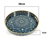 Bohemian Round Plastic Serving Tray with Handles – Blue & White Pattern, 33 or 38cm