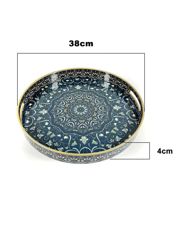 Bohemian Round Plastic Serving Tray with Handles – Blue & White Pattern, 33 or 38cm