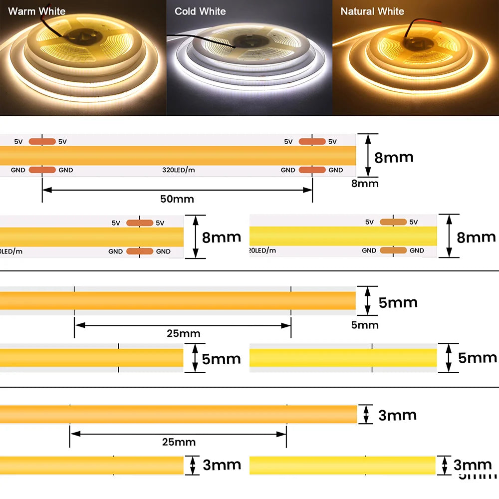 USB 5V COB LED Strip Light – 320 LEDs/m, Flexible Tape, 0.5–5m