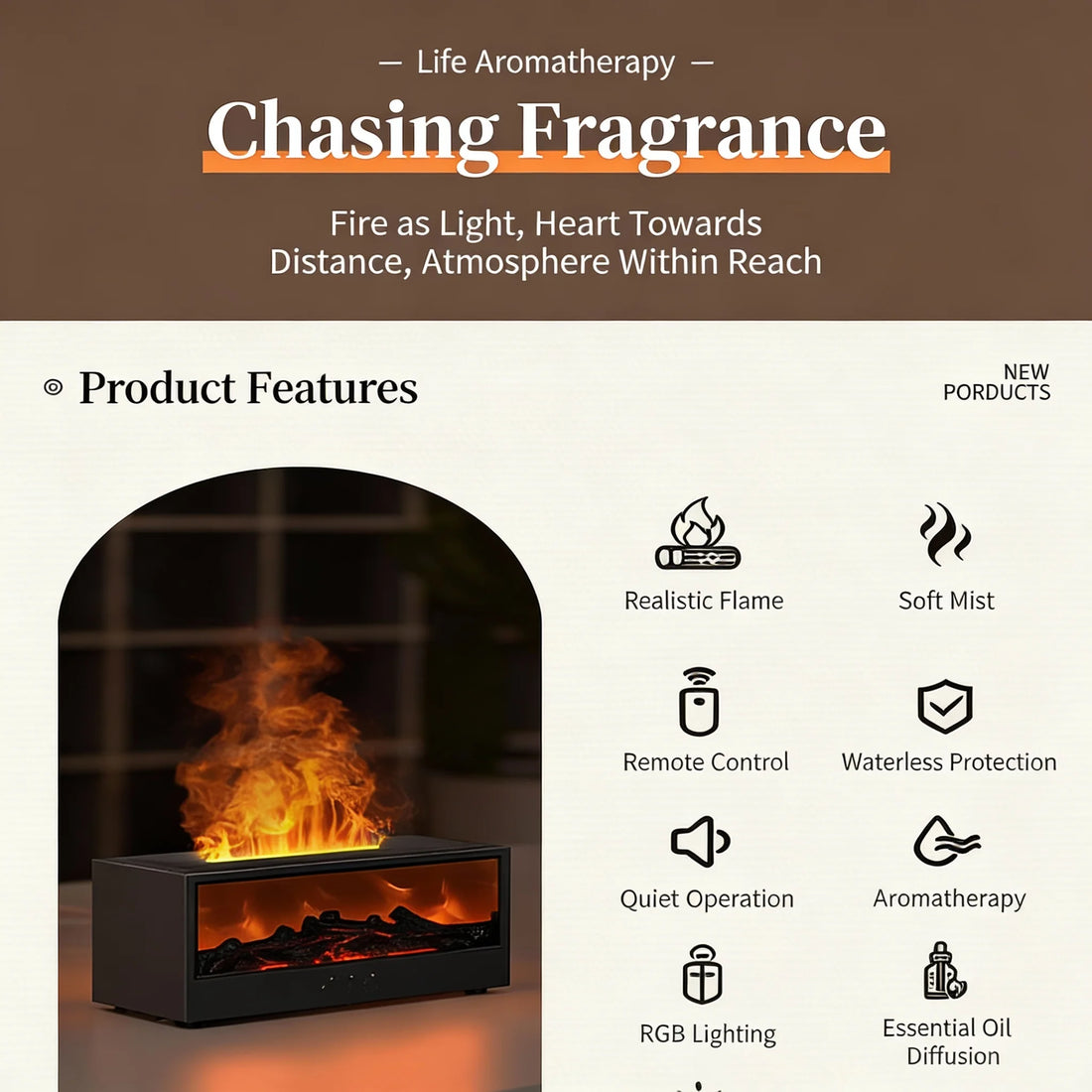 Fireplace Flame Aroma Diffuser with Remote – 7 LED Colors