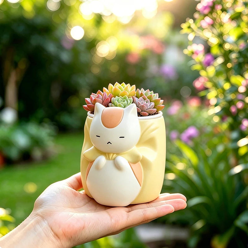 Sleepy Chubby Cat Resin Succulent Planter – Cute Desktop Flower Pot