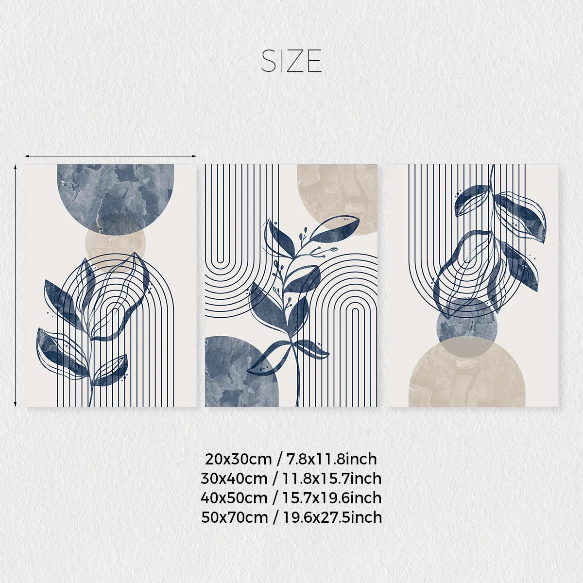 Navy Blue & Beige Boho Botanical Geometric Canvas Prints – Set of 3