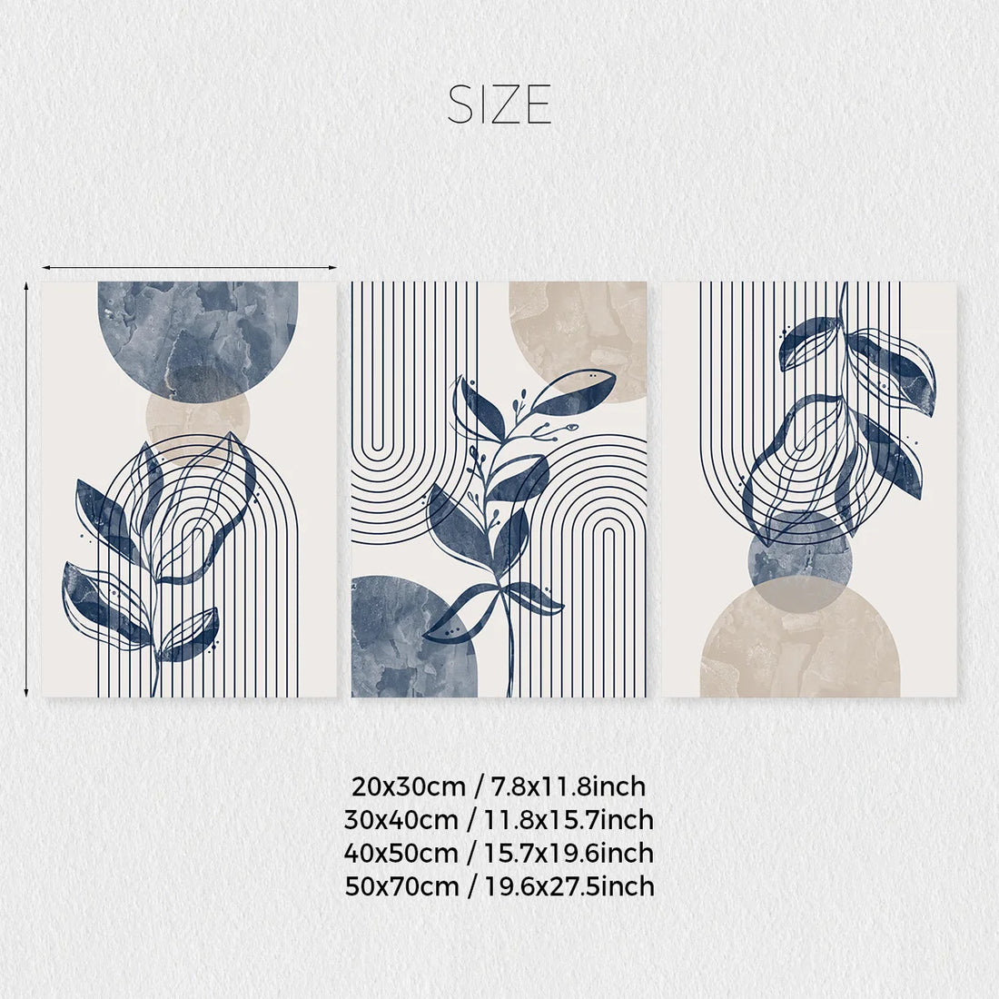 Navy Blue & Beige Boho Botanical Geometric Canvas Prints – Set of 3