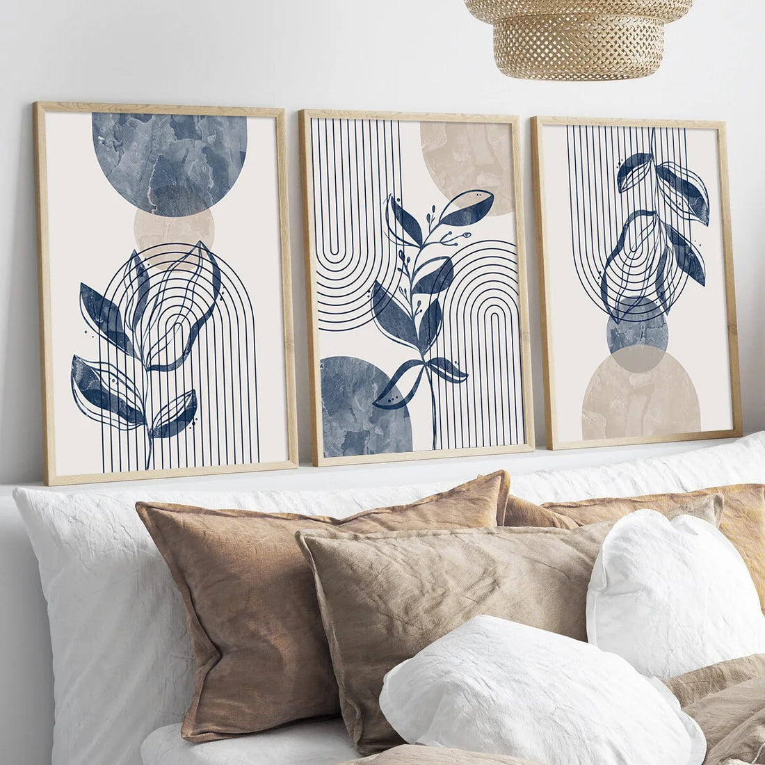 Navy Blue & Beige Boho Botanical Geometric Canvas Prints – Set of 3