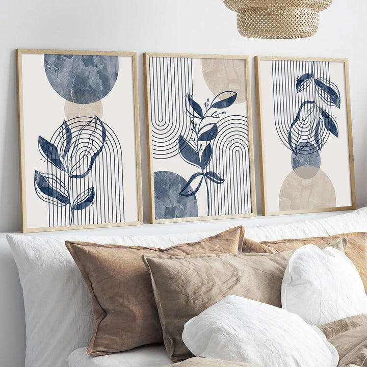 Navy Blue & Beige Boho Botanical Geometric Canvas Prints – Set of 3