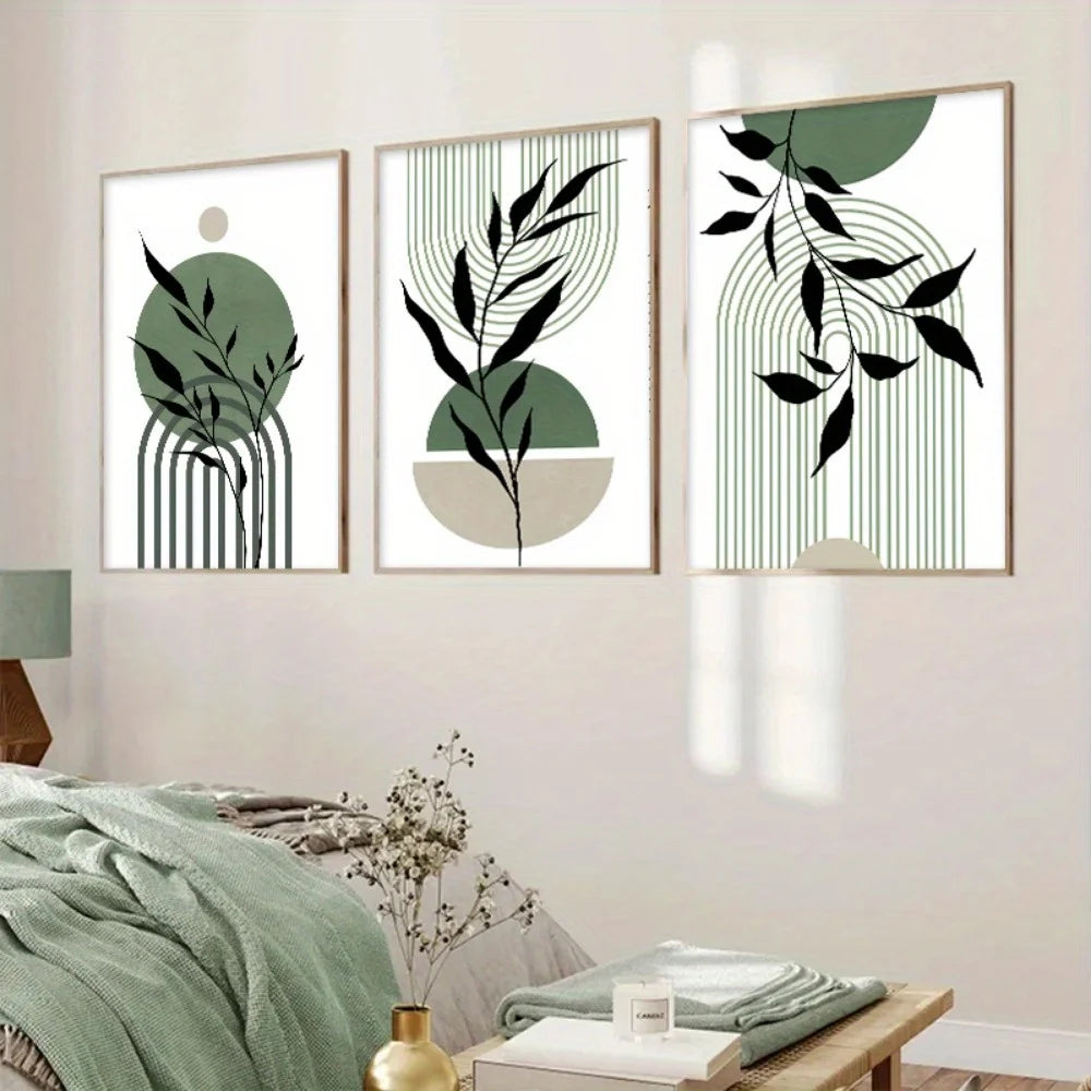 Sage Green Boho Abstract Canvas Prints – Set of 3