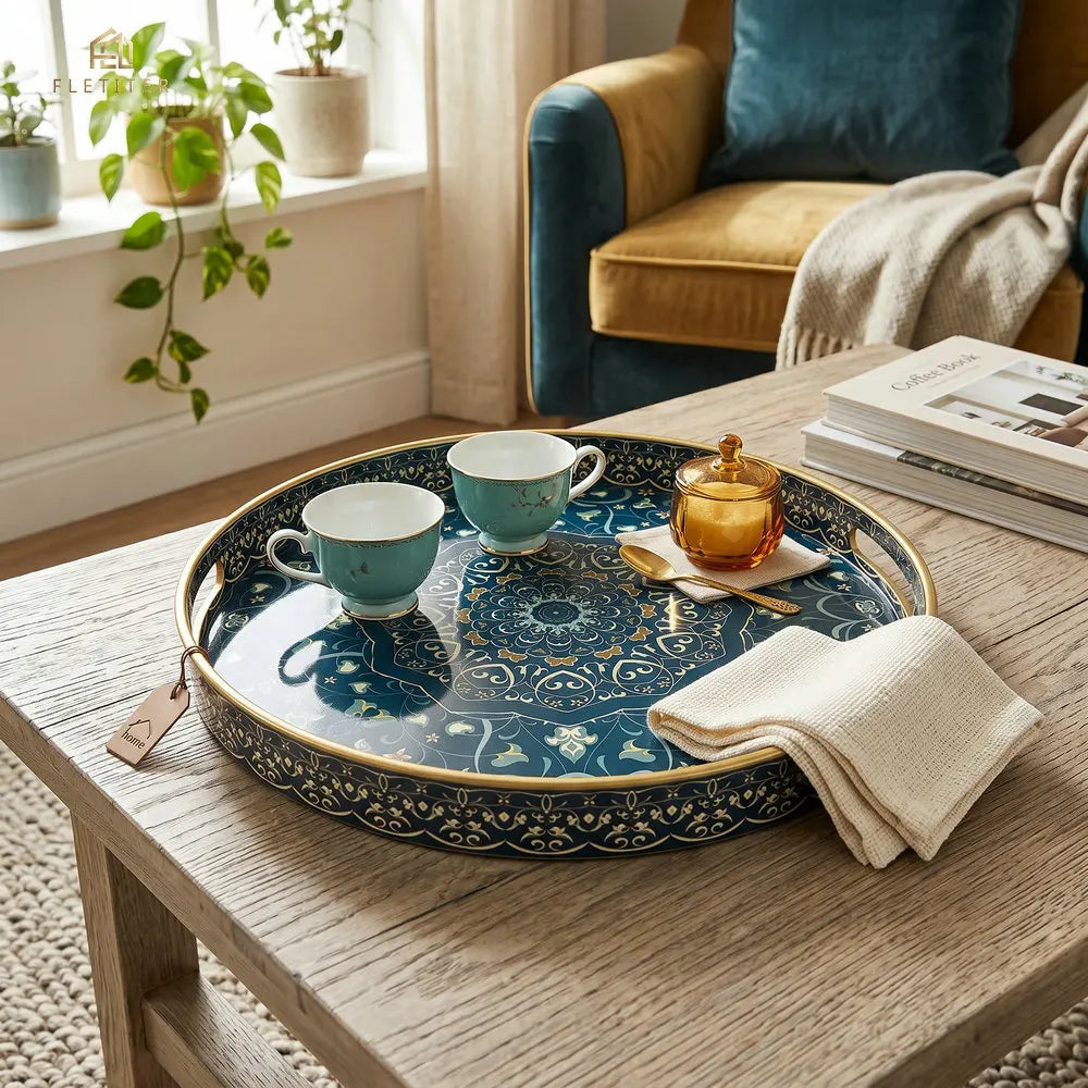 Bohemian Round Plastic Serving Tray with Handles – Blue & White Pattern, 33 or 38cm
