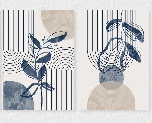 Navy Blue & Beige Boho Botanical Geometric Canvas Prints – Set of 3