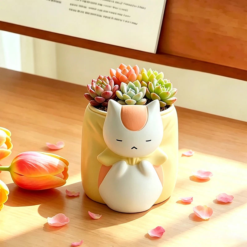 Sleepy Chubby Cat Resin Succulent Planter – Cute Desktop Flower Pot