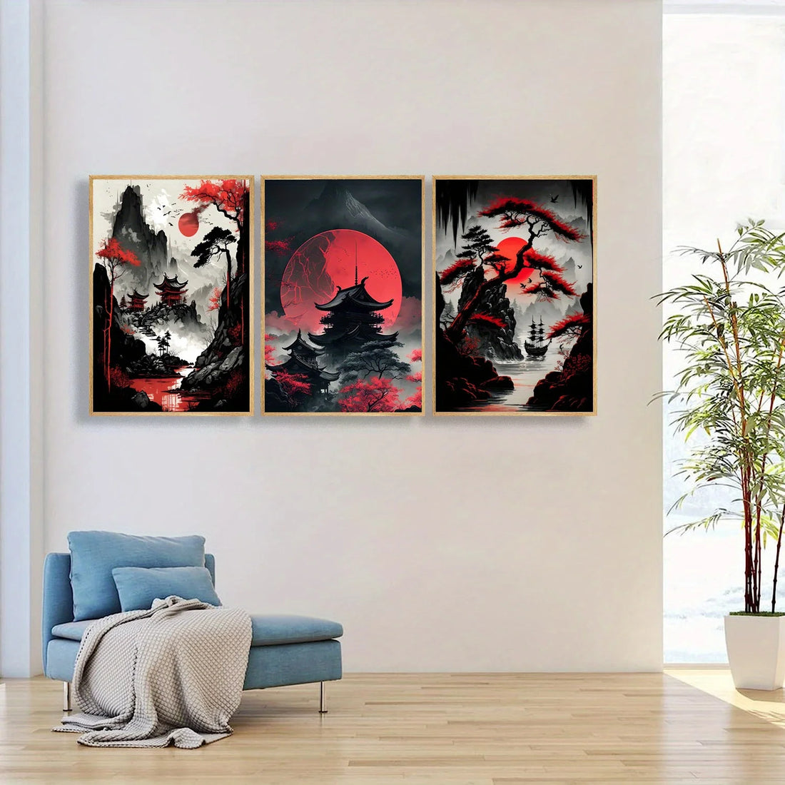 Japanese Landscape Canvas Prints – Black & Red Ink Art