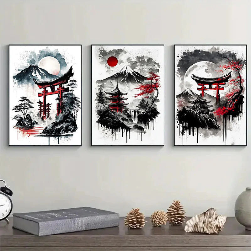 Japanese Landscape Canvas Prints – Black & Red Ink Art