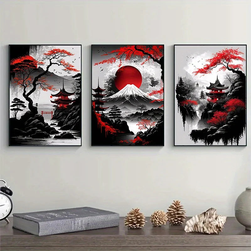 Japanese Landscape Canvas Prints – Black & Red Ink Art