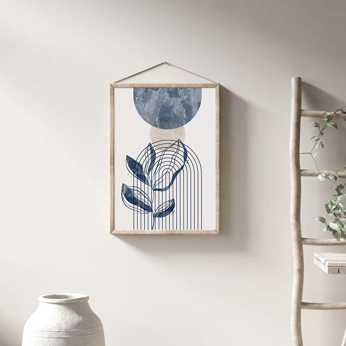 Navy Blue & Beige Boho Botanical Geometric Canvas Prints – Set of 3