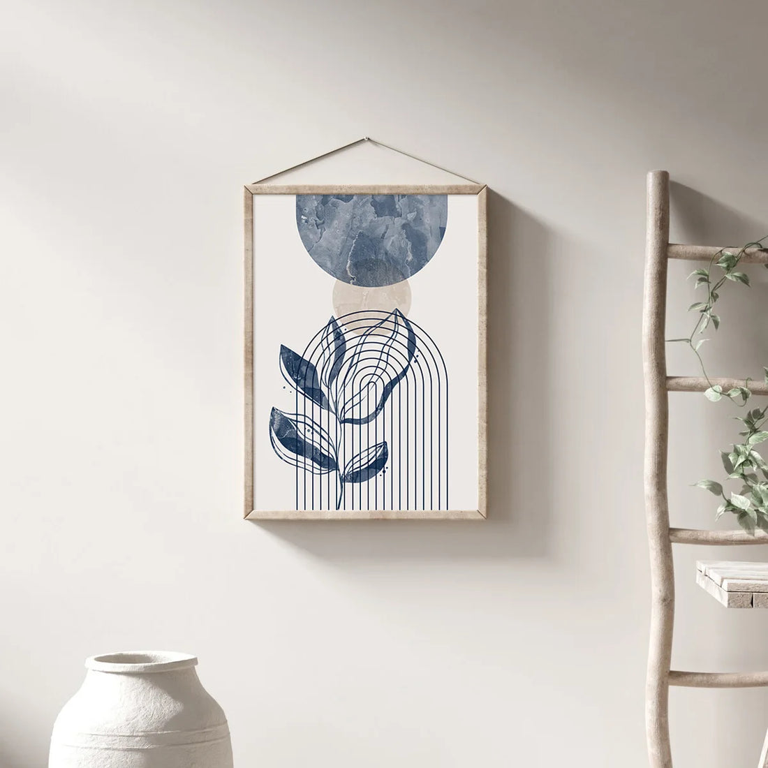 Navy Blue & Beige Boho Botanical Geometric Canvas Prints – Set of 3