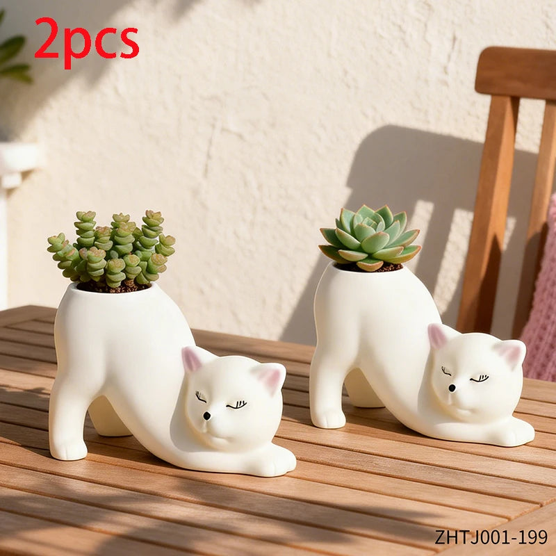 Curly Pose Cat Resin Planter – Cute Desktop Pot for Cacti & Trailing Plants
