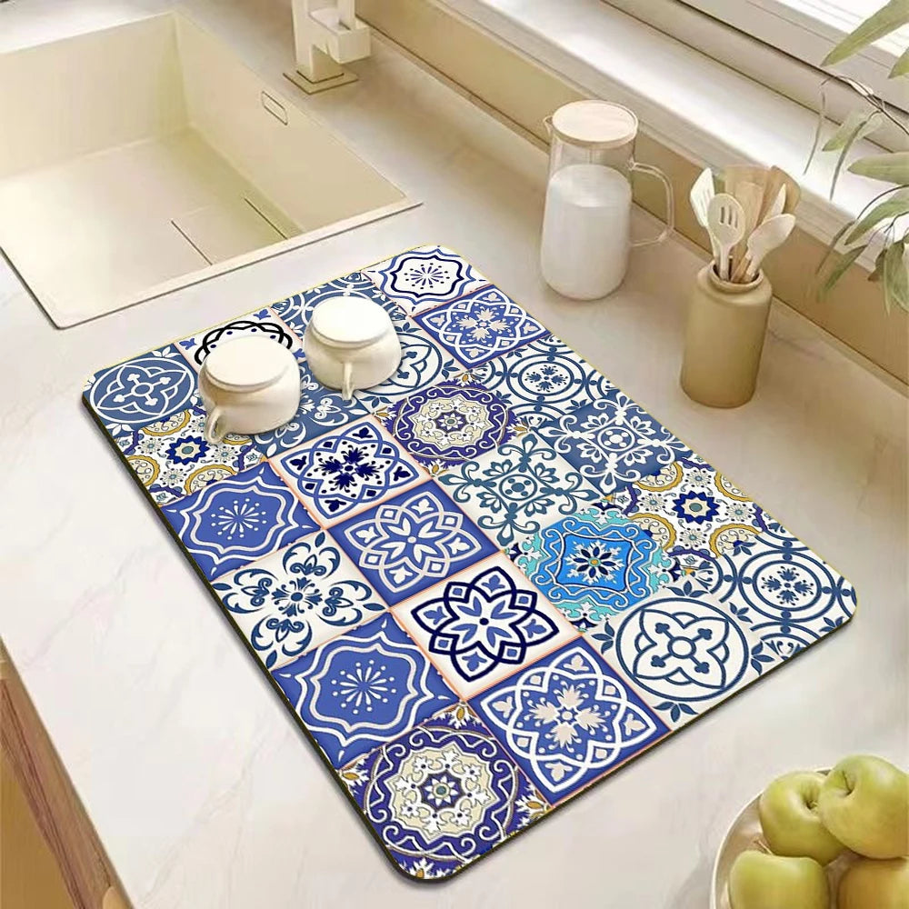 Mandala Print Diatomite Kitchen Drain Mat – Anti-Slip, Absorbent Countertop Pad