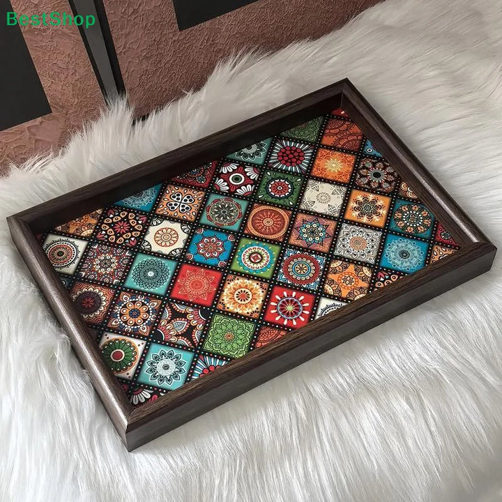 Bohemian Mandala Bamboo Serving Tray – Square Decorative Storage Tray, 30x20cm