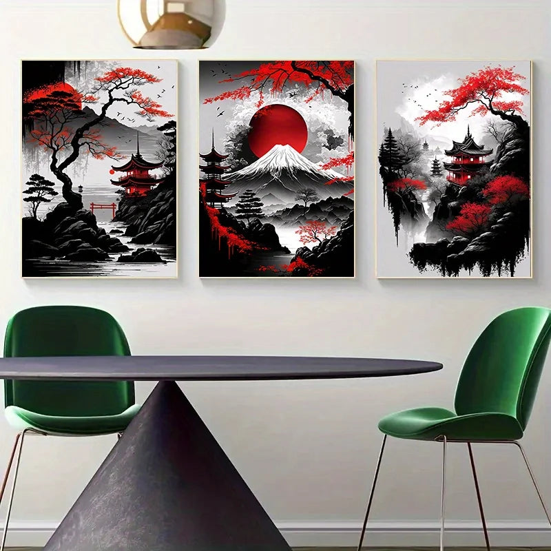 Japanese Landscape Canvas Prints – Black & Red Ink Art