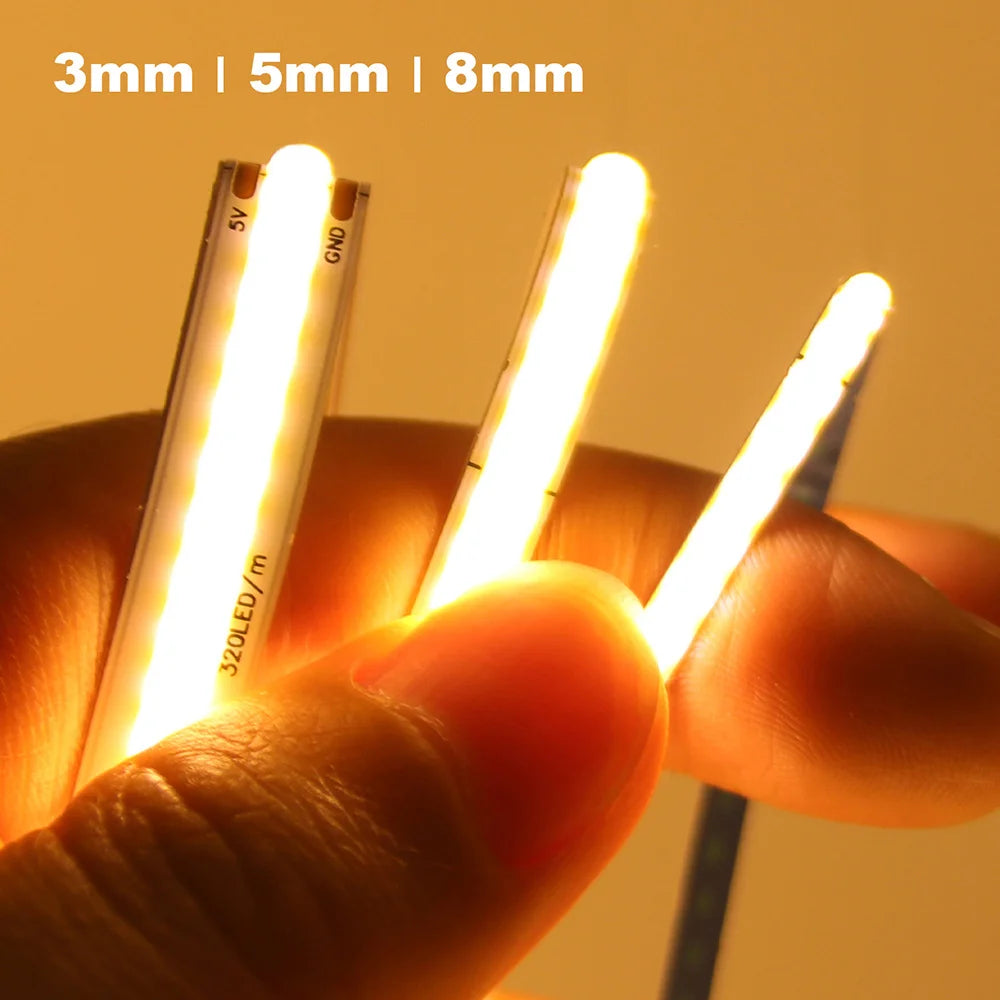 USB 5V COB LED Strip Light – 320 LEDs/m, Flexible Tape, 0.5–5m