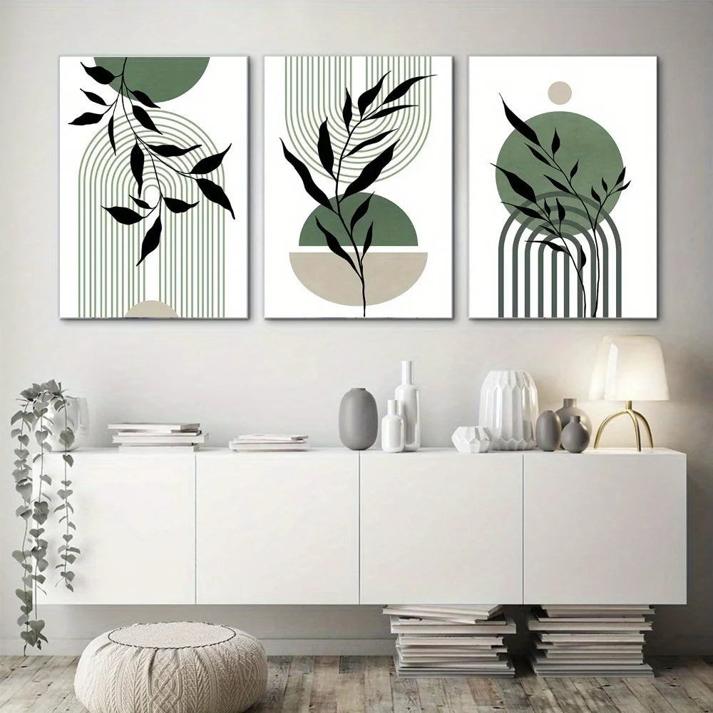 Sage Green Boho Abstract Canvas Prints – Set of 3