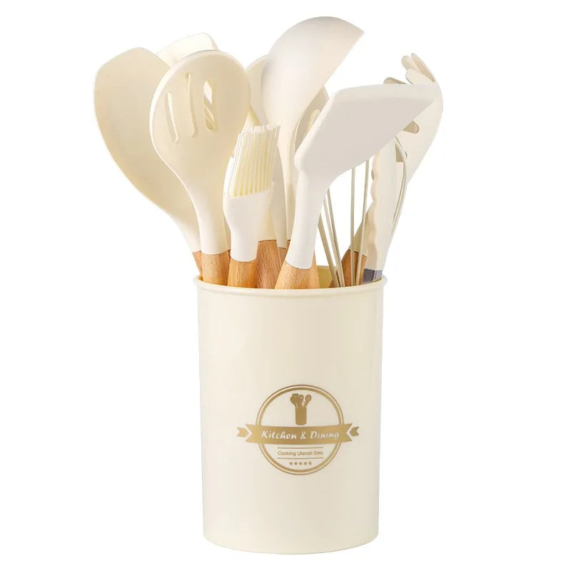 White Silicone & Wooden Handle Kitchen Utensils Set – 2 or 12 Pcs