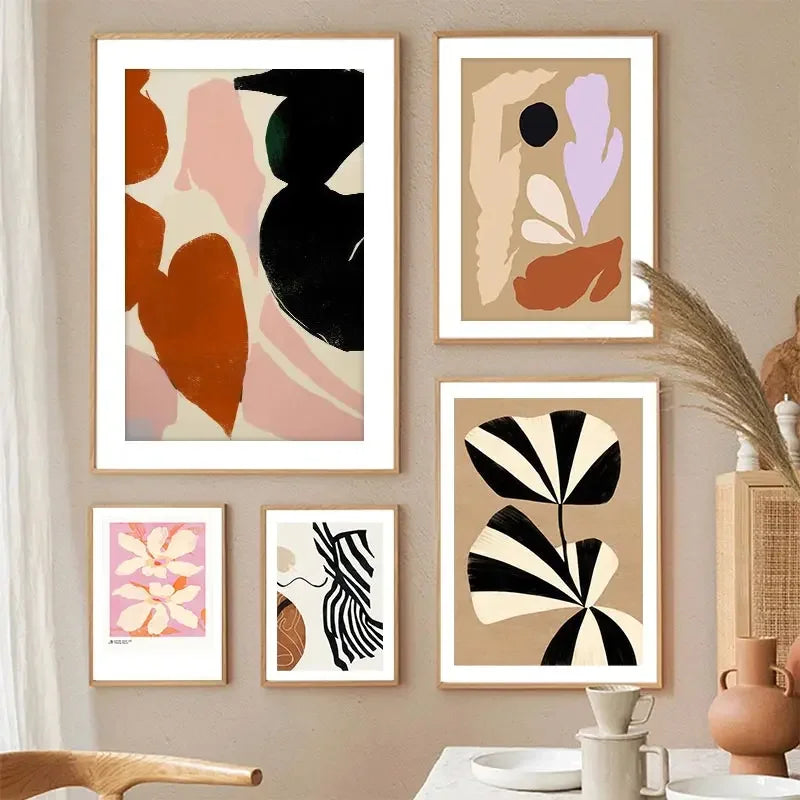Nordic Beige & Black Geometric Floral Line Art Canvas Print